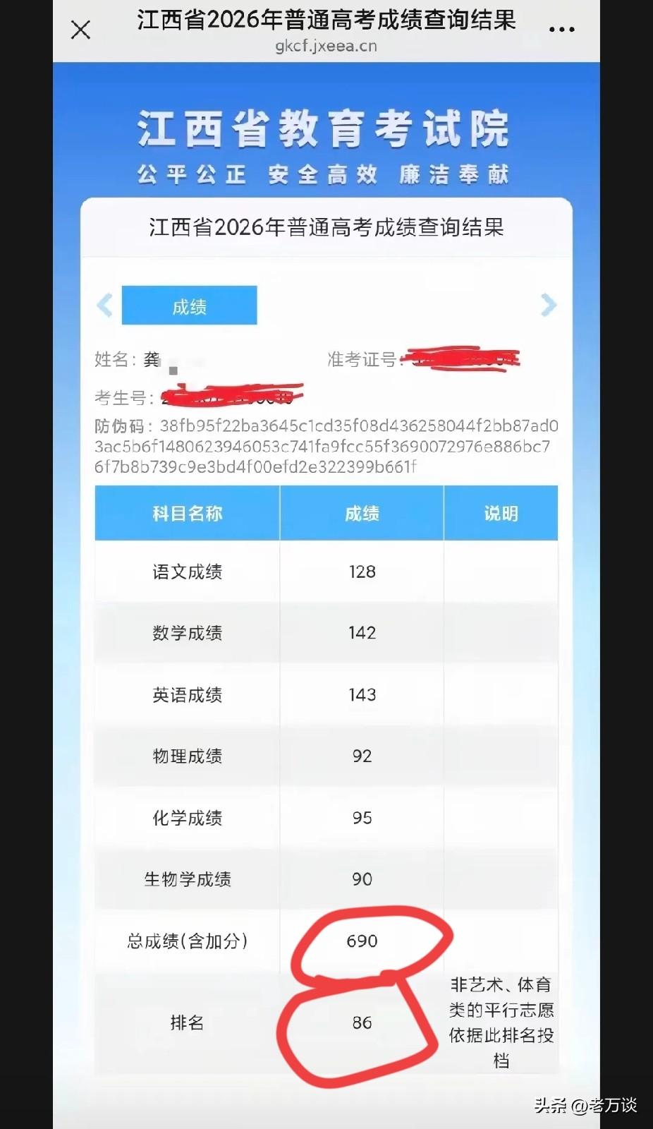 江西高考考生实在是太卷了！理工类 690 分在全省排名 86 名。这个分数竟然没