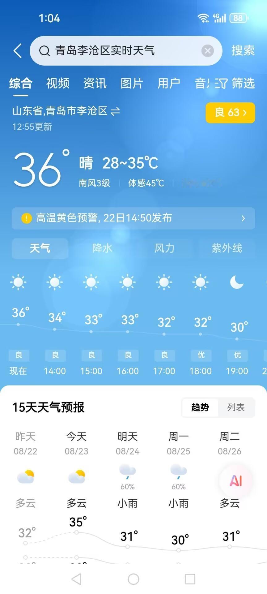 青岛继续高温，8月23日中午已经达到了36度高温，体感温度45度，此刻去海边游泳