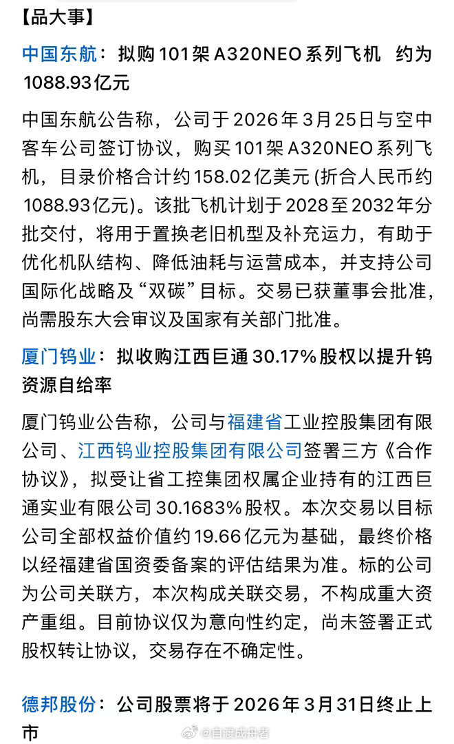 2026年3月25日有许多值得关注的公司公告，涉及重大交易、业绩披露、回购增持等