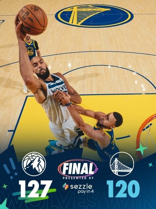 森林狼赛后赢球海报，背景是库里内线防守戈贝尔没招了库里复出空砍39分森林狼战胜勇