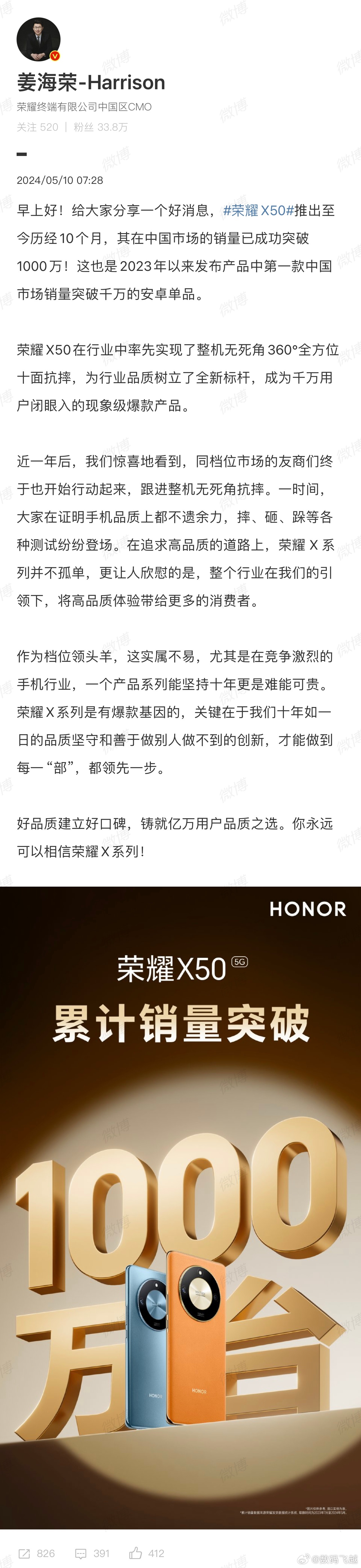 荣耀X系列手机又一爆款诞生——#荣耀X50销量破千万每3秒卖出一台#更成为202