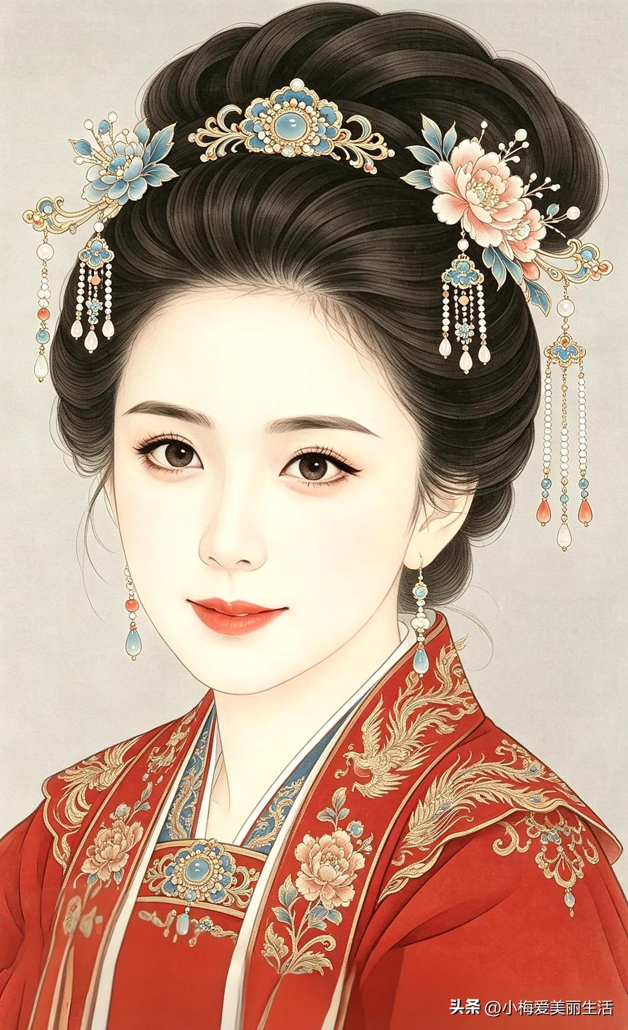 红衣美人，花钿映笑颜。