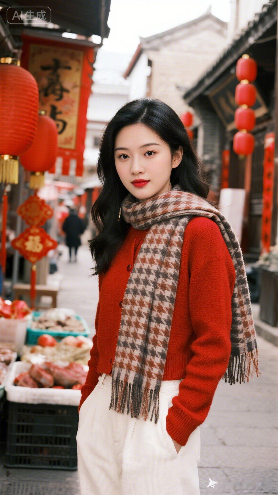 一个美女在古街市集拍照，祝她幸福快乐每一天。