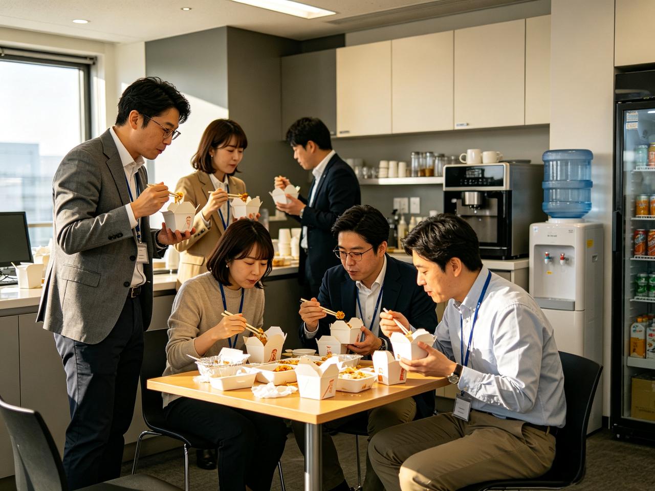 公司出了个新规定：不许在工位上吃外卖，必须去茶水间吃。

消息是行政部刘姐发的，
