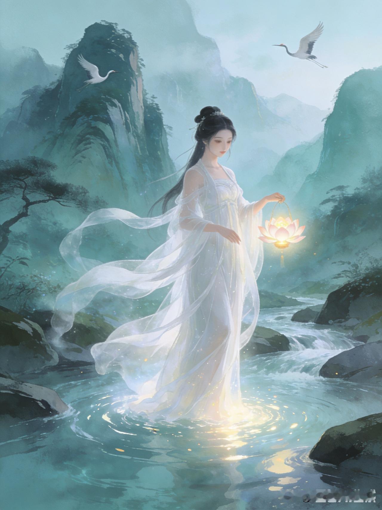 梦幻月夜，仙气缭绕的仙境里，一位手持莲花灯的仙女缓缓现身，美若画卷。如同玉兔寻月