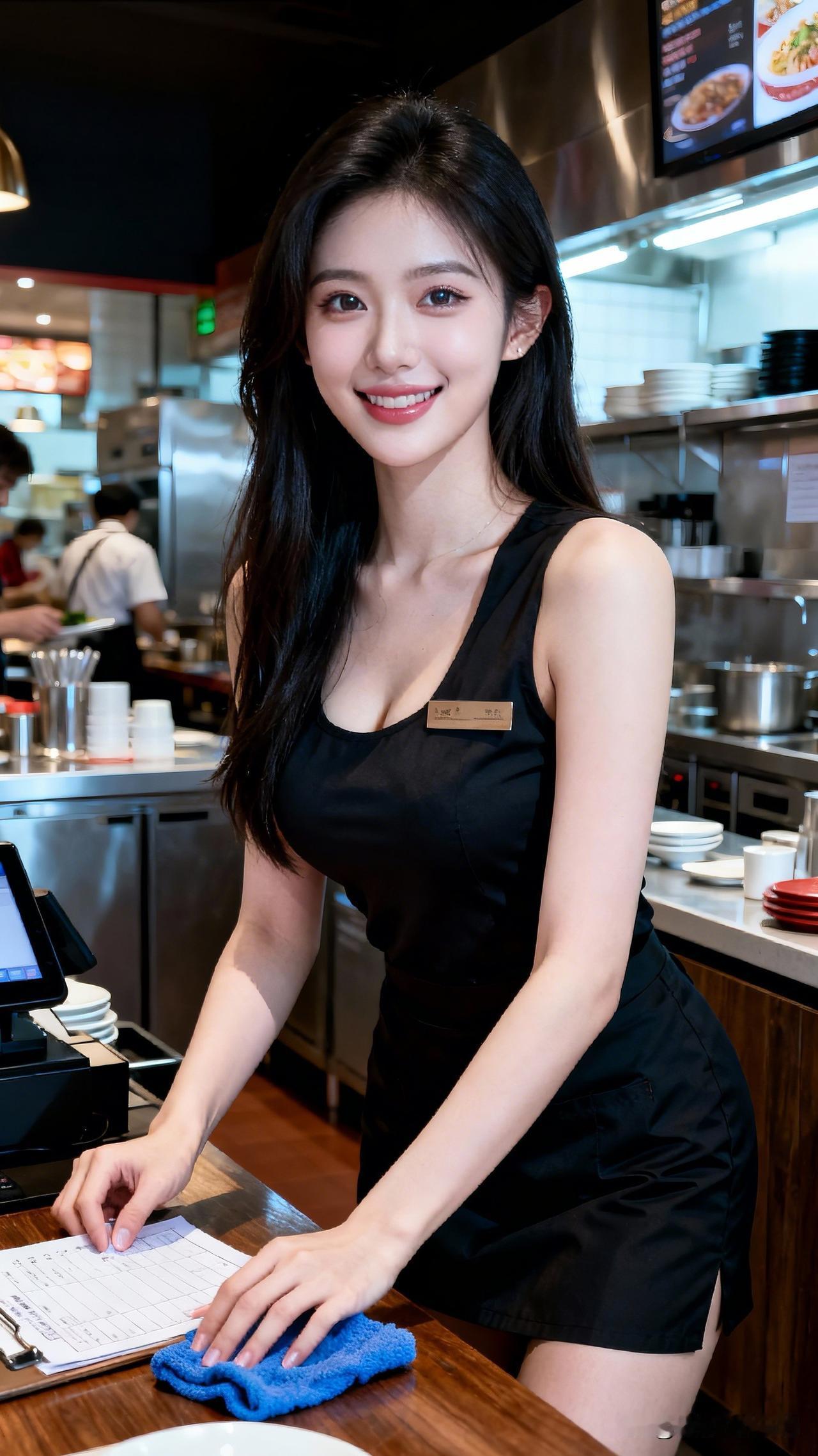 笑语盈盈暗香来，侍者巧笑待客来。一起分享快乐和喜悦 元气满满的餐厅小姐姐，微笑迎