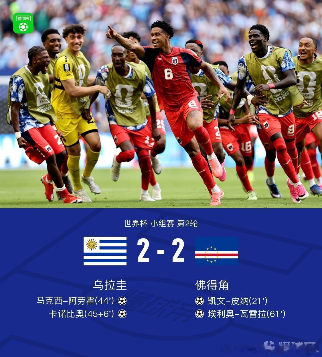 佛得角逼平两个世界冠军北京时间6月22日世界杯小组赛 第2轮，乌拉圭对阵佛得角 