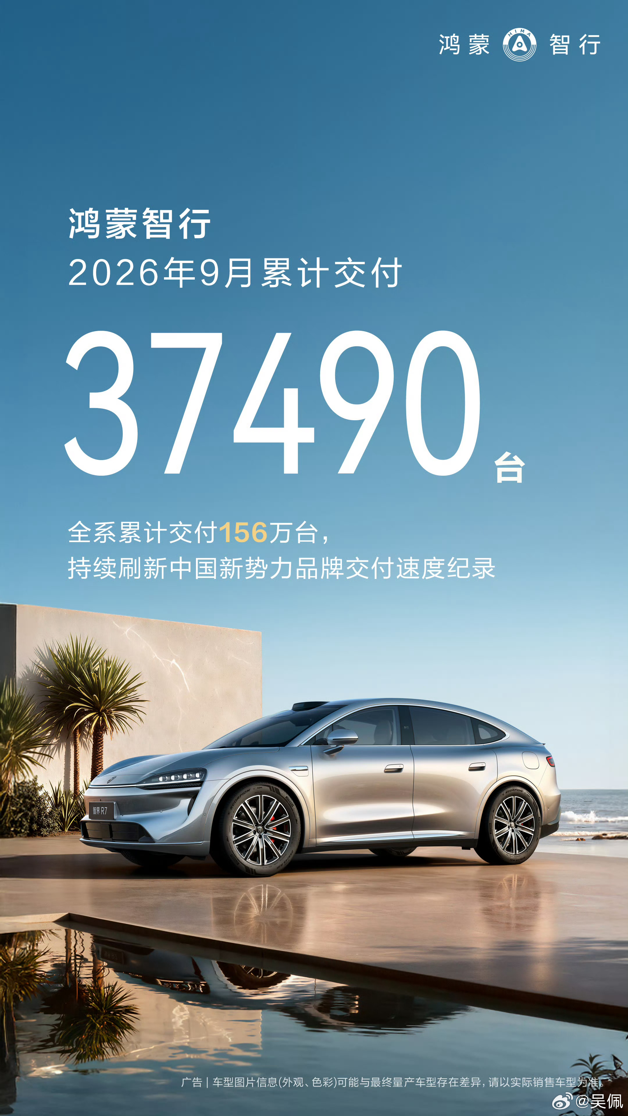 鸿蒙智行9月交付新车37490台​鸿蒙智行的海报用的是新R7，智界。​ ​​​