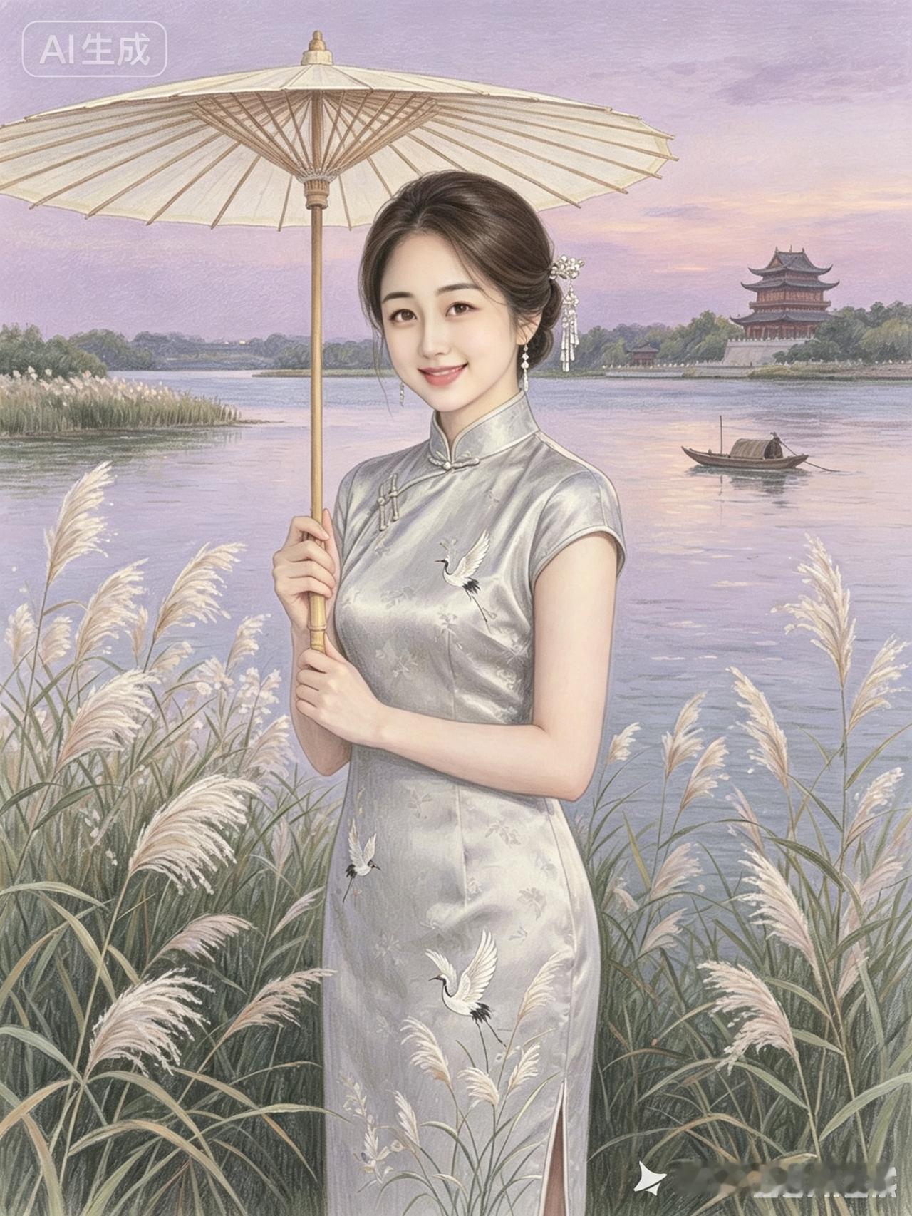 湖畔旗袍美女
 
芦苇苍苍绕水湾，
素旗袍上鹤翩跹。
轻撑纸伞立堤前，
眉眼温柔