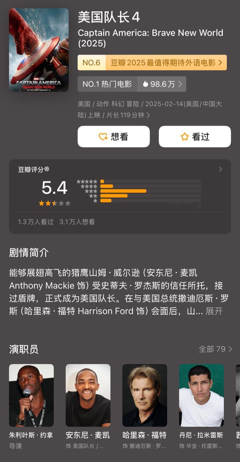 《美国队长4》豆瓣开分5.4分，成系列最差。应得的，拍得太无聊了，不入流的政治惊