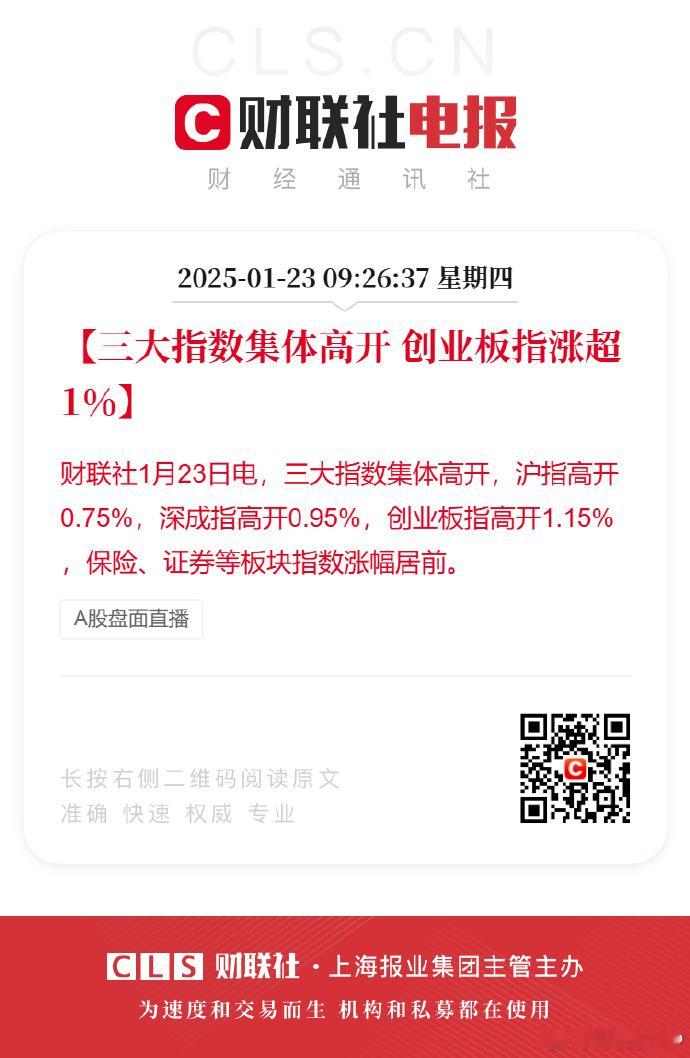 三大指数集体高开创业板指涨超1% 【三大指数集体高开 创业板指涨超1%】财联社1