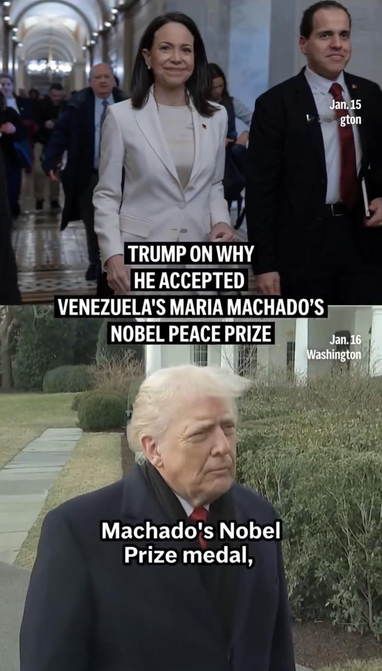 记者：“你为什么要别人（马查多）的诺贝尔和平奖？”

川普：“嗯，是她主动给我的