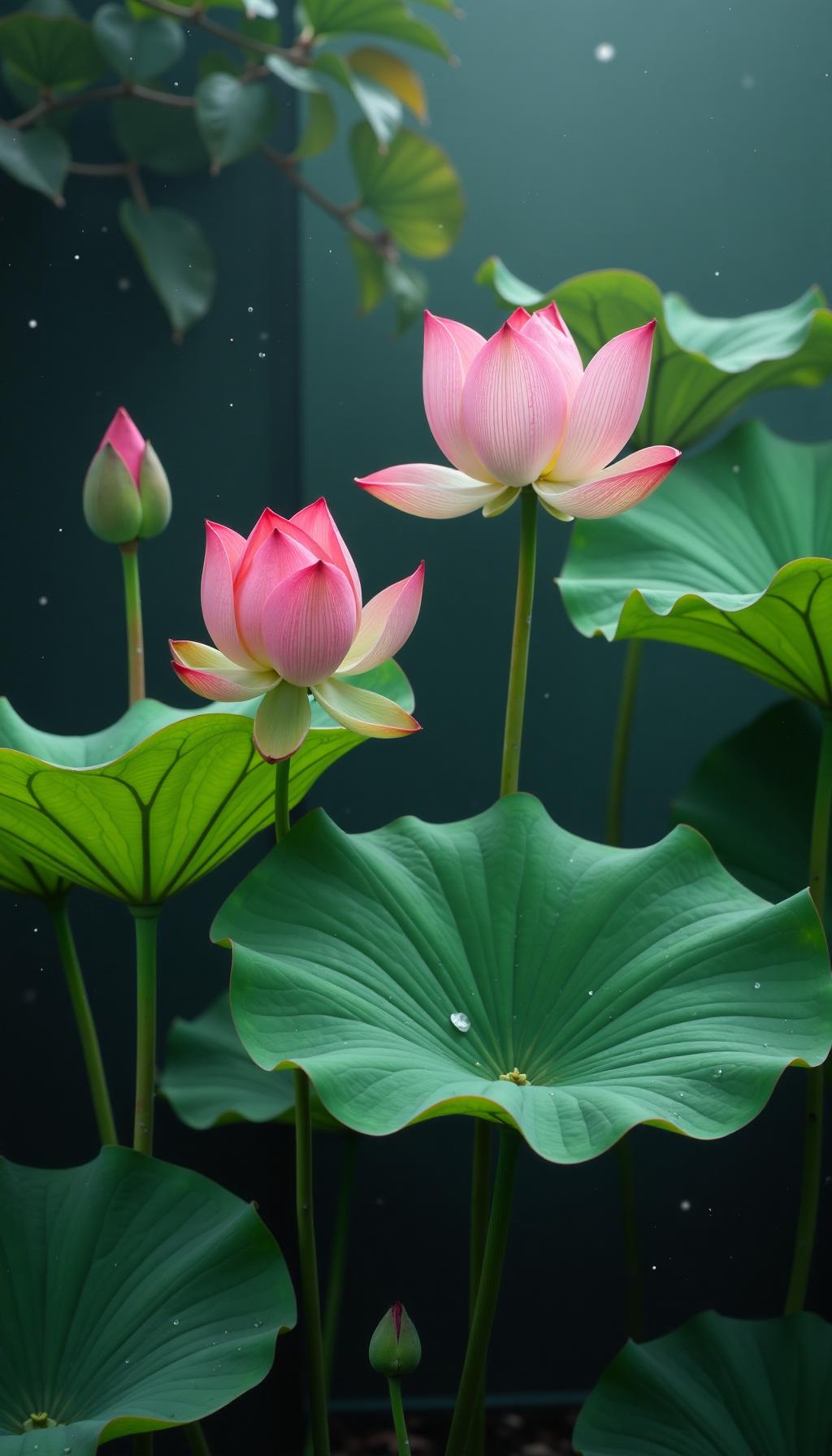 粉嫩荷花开满池塘，绿意盎然，宛如仙境。