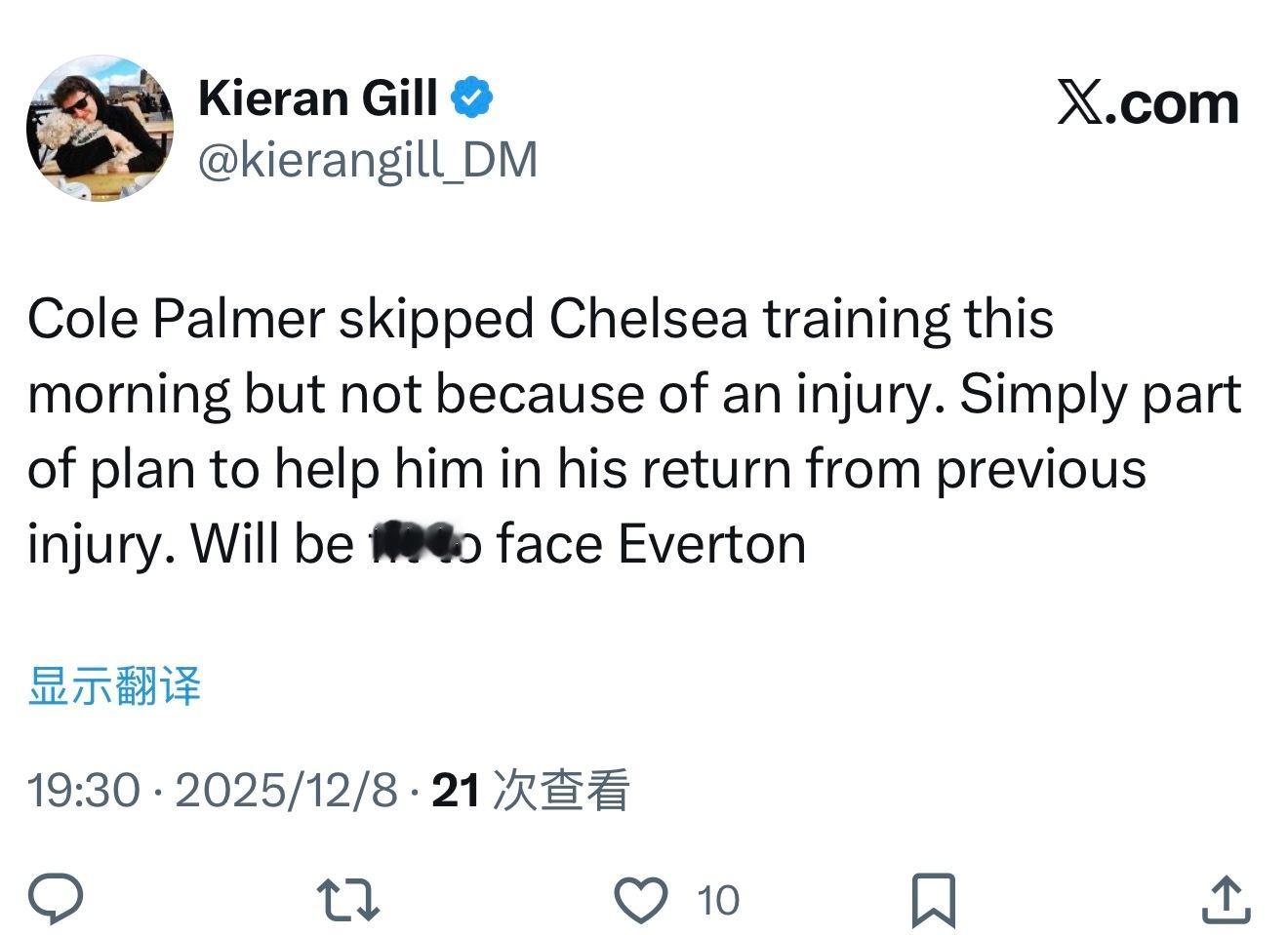 科尔·帕尔默今天上午没有参加切尔西的训练，但这并非因为受伤。这只是帮助他从之前的