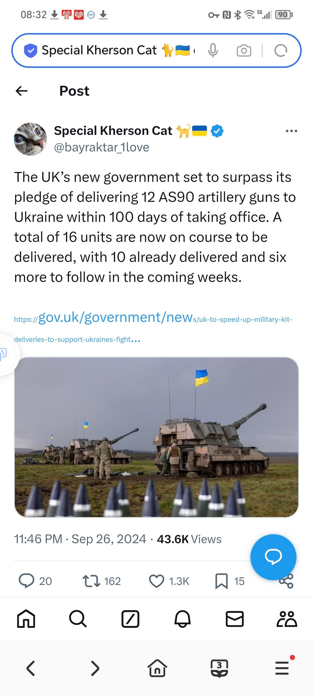 之前，英国新政府承诺在上任后100天内向乌克兰提供 12 门 AS90 火炮，这