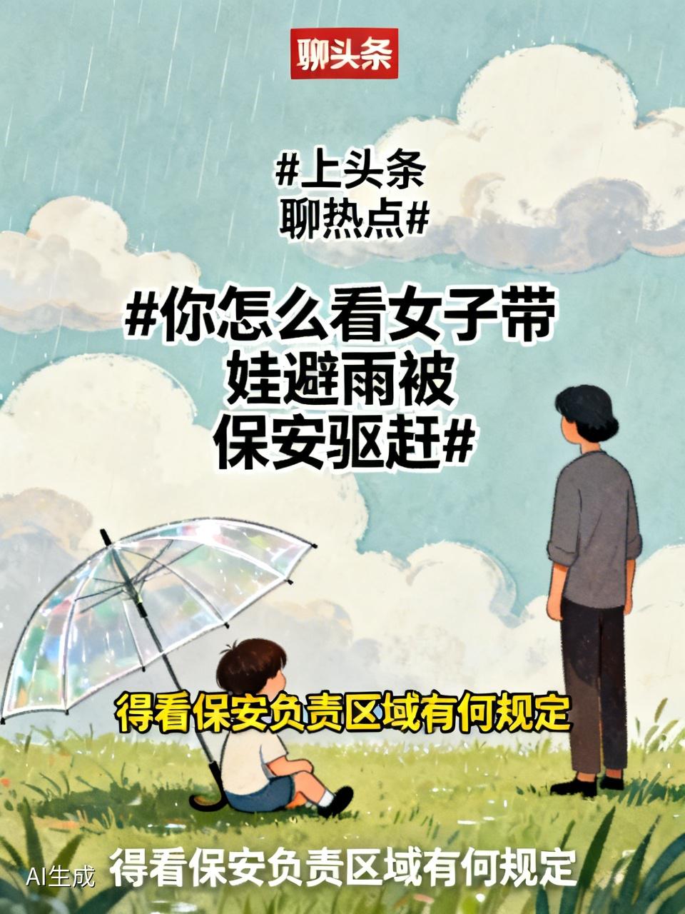 女子带娃避雨被保安驱赶这事儿，确实得看看保安负责区域的规定。有些地方可能出于安全