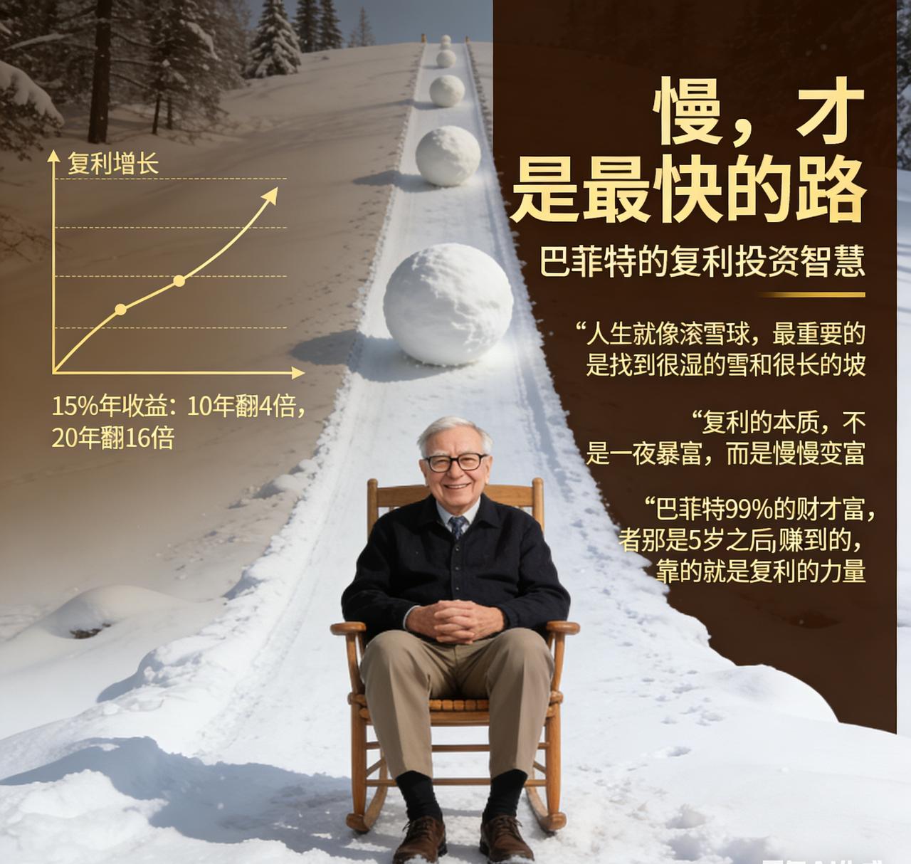 巴菲特说，人生就像滚雪球，最重要的是找到很湿的雪和很长的坡。
 
复利的本质，不