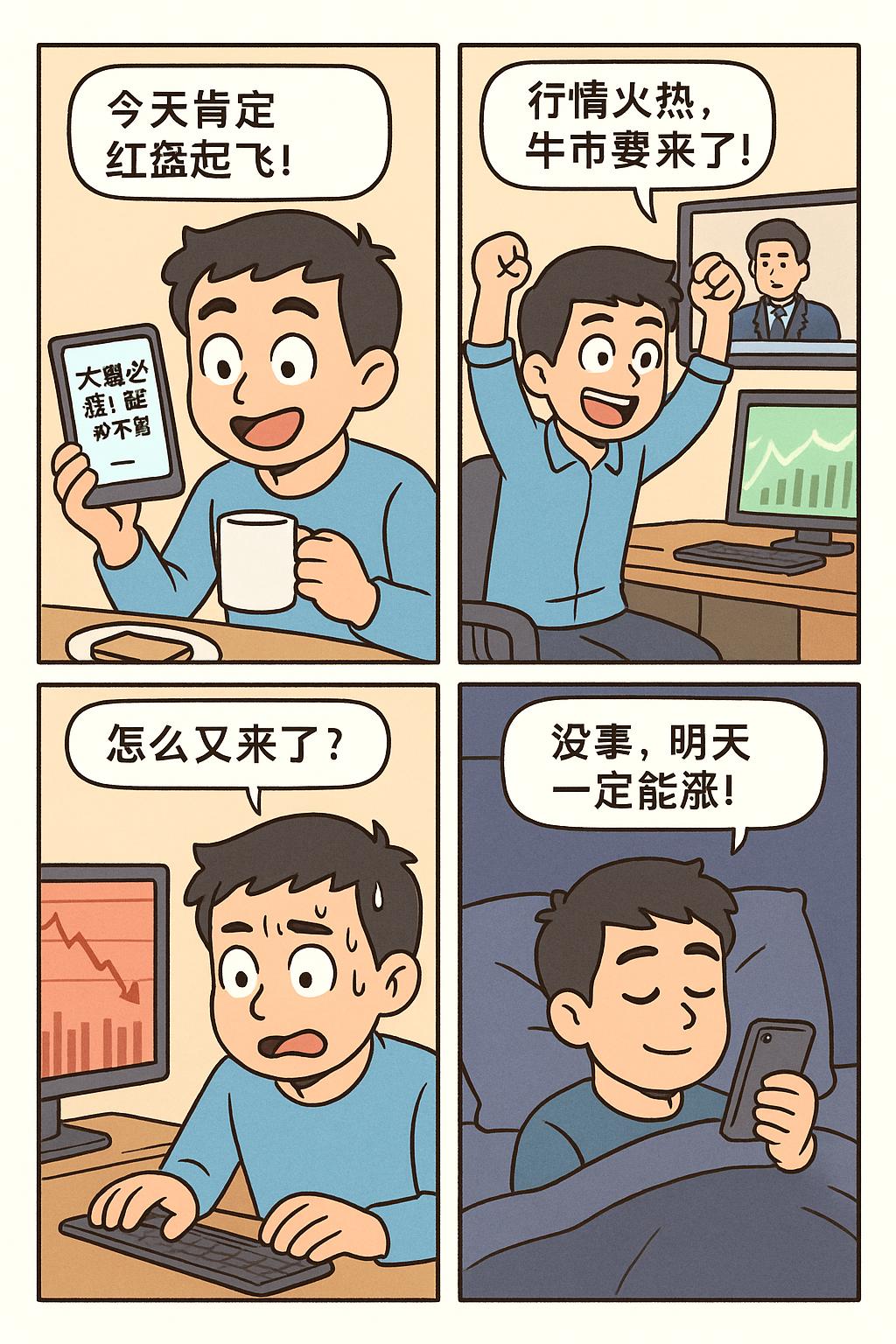 漫画9.8大A股民的一天

第一格：早晨希望

场景：股民一边吃早餐，一边看手机