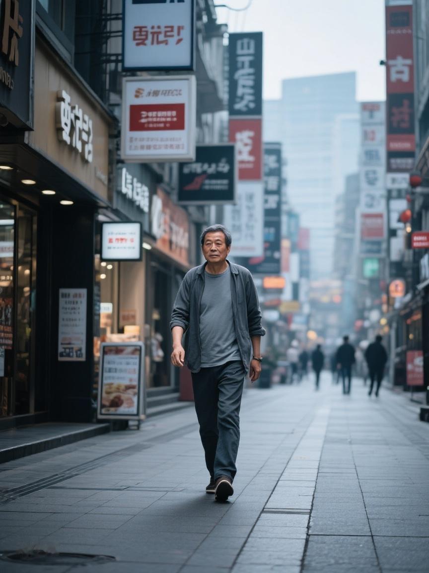 AI妙生图在城市街巷独自穿行，每一步都是对自我节奏的探寻，于喧嚣中觅内心宁静🌆