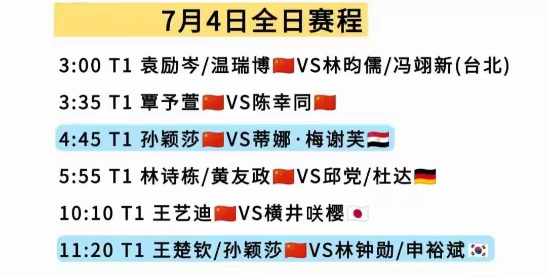 2026 WTT美国大满贯赛7月4日赛程超精彩！这天中国队有6场比赛都在一号台。