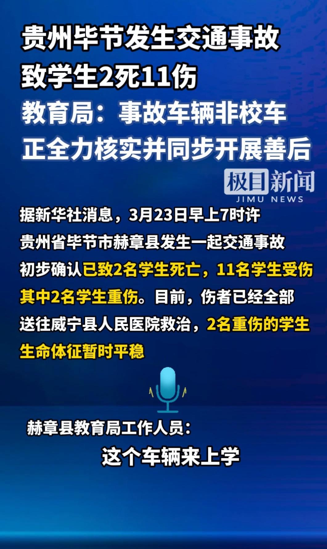 痛心！贵州毕节赫章县突发交通事故，致2名学生遇难11人受伤
 
3月23日清晨7