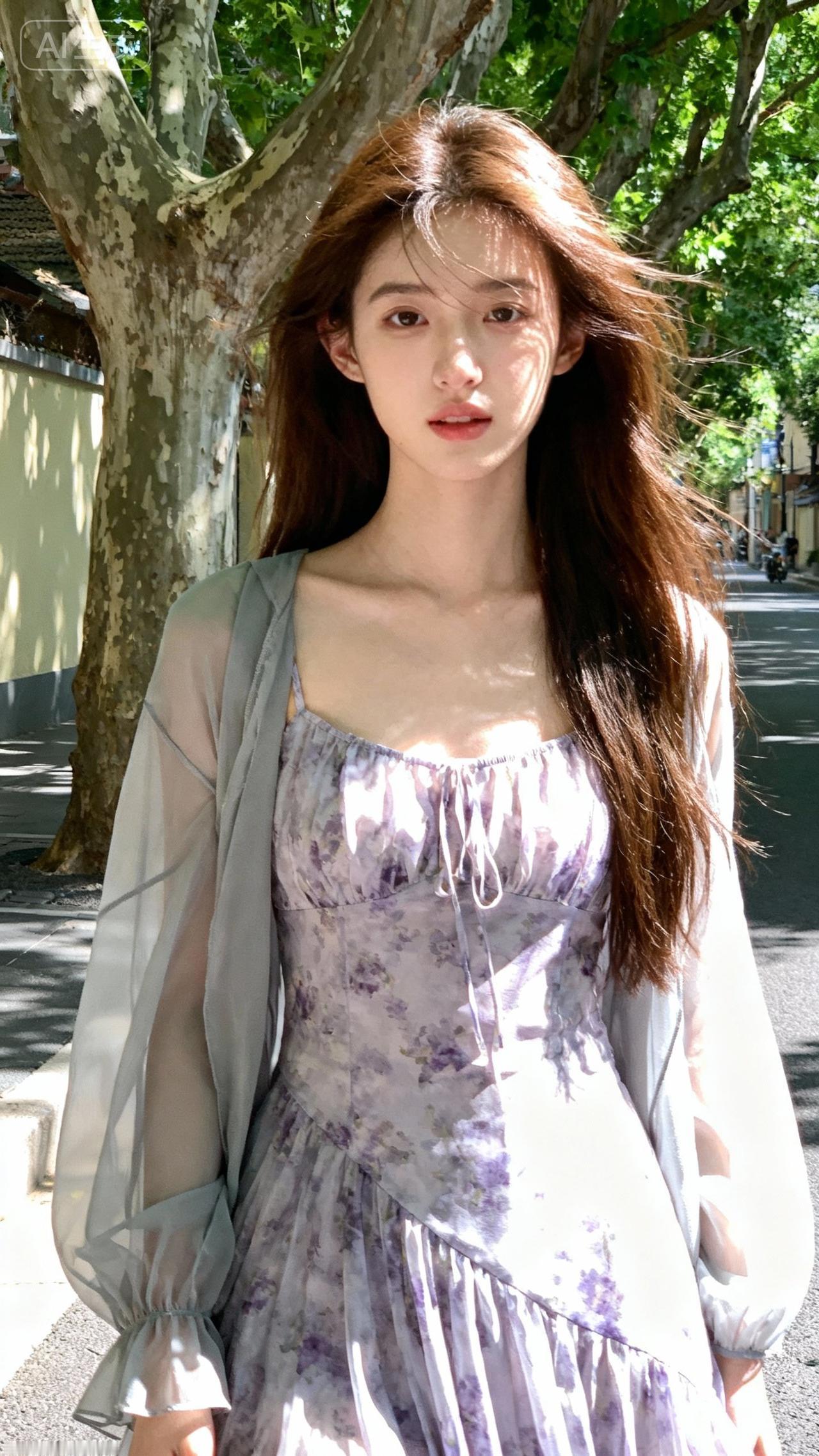 阳光下的温柔少女，浅紫色连衣裙，树影婆娑，清新自然。优雅自信穿搭分享