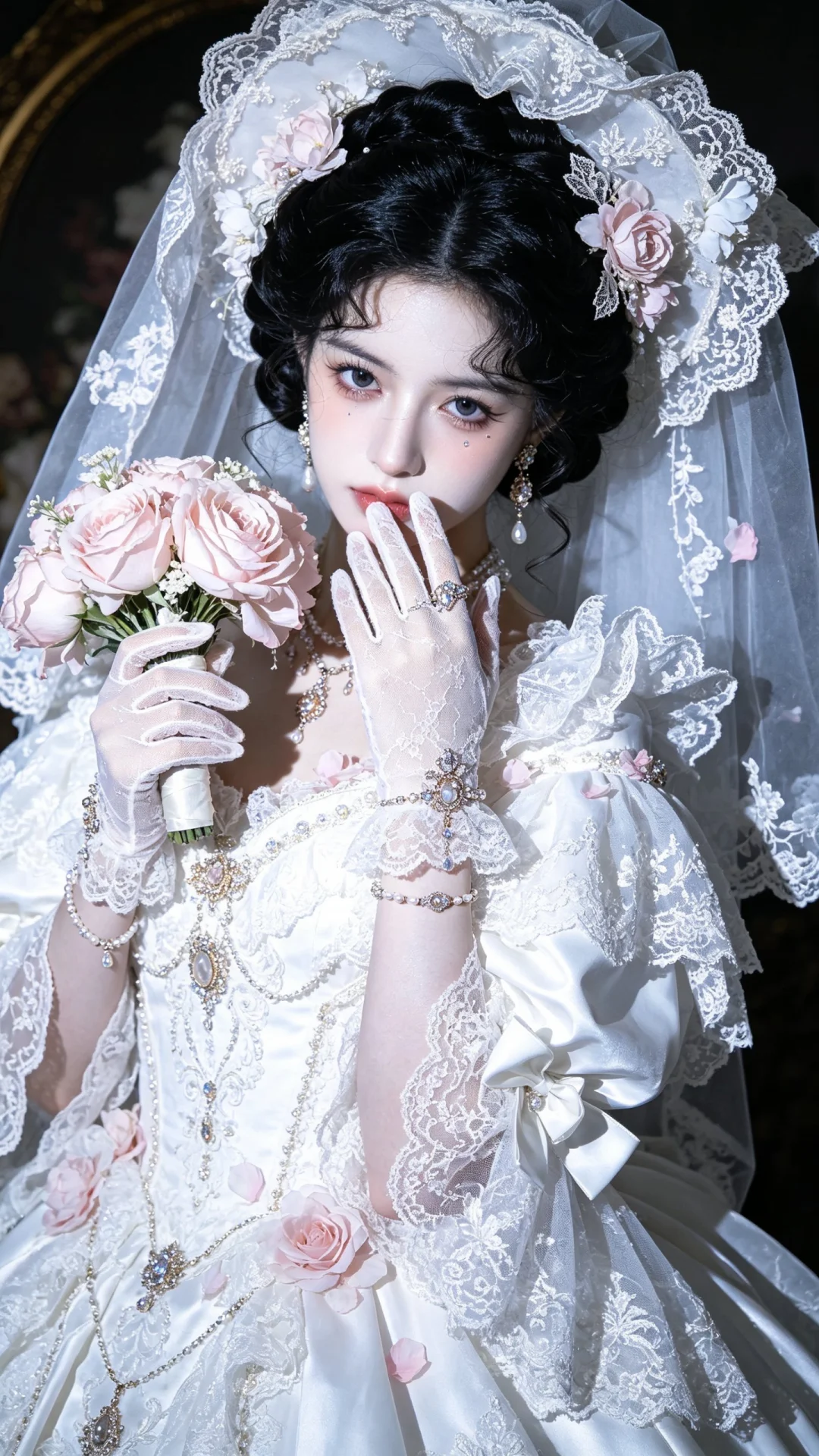 世纪欧洲宫廷的浪漫美学，尽显优雅与梦幻。 美少女，冷白皮，美艳动人，黑...