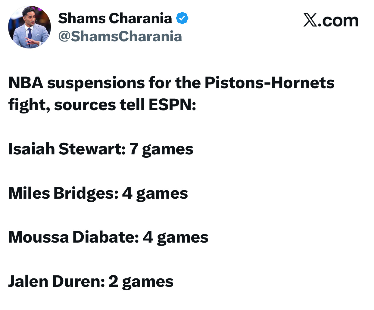 shams：NBA今日公布了2月10日黄蜂主场VS活塞比赛第三节发生大规模冲突的