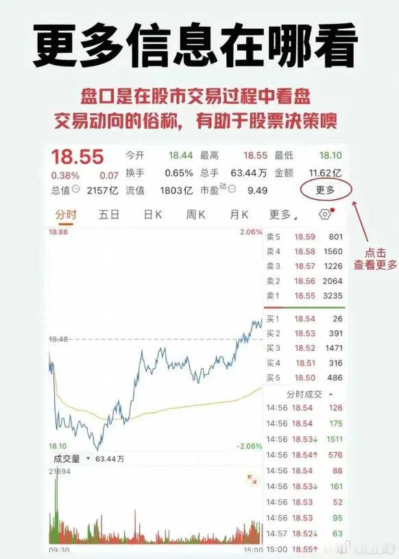 点开更多信息可以查看股票盘口信息，分时成交，逐笔成交，股票的注册资本、发行股本、