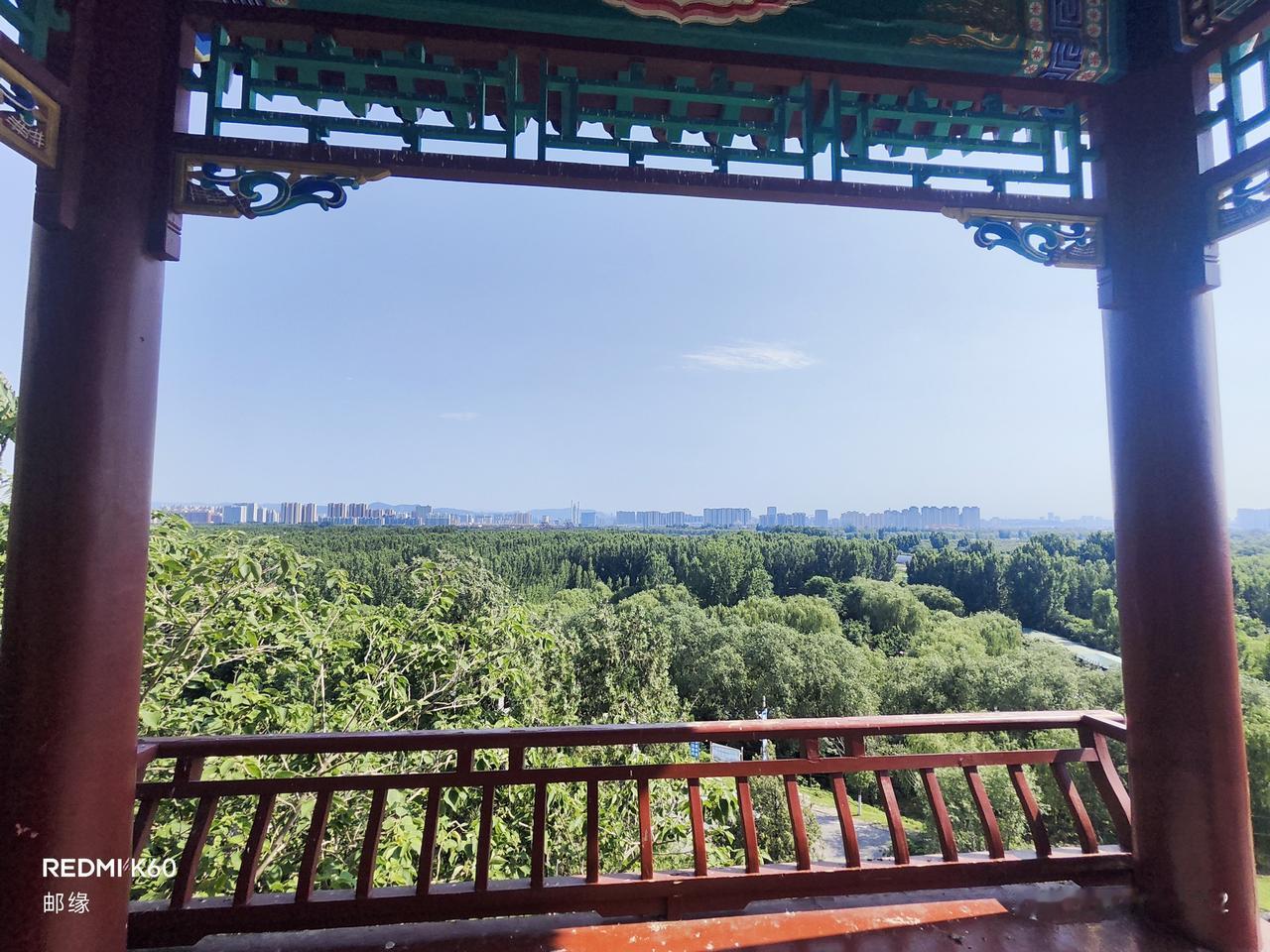 济南鹊山顶的亭阁，那真像画里走出来的一样。站在山下远远望去，亭阁错落，红柱青瓦在