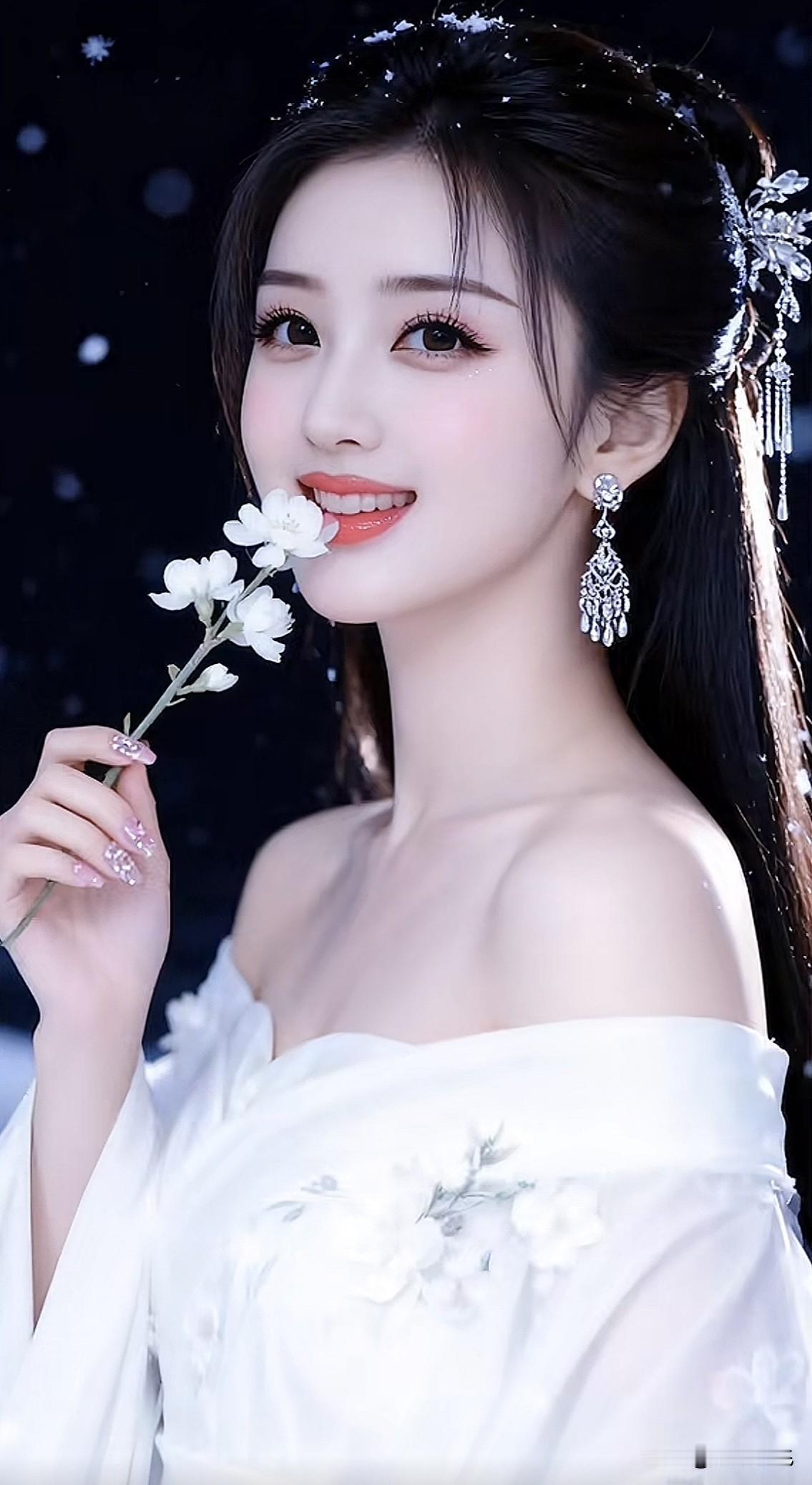 仙气飘飘的少女，手持花枝，唯美动人。自然清雅美女 古典温婉美女 温柔白衣少女 古
