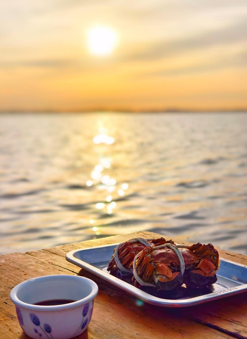 十月蟹正肥，阳澄湖畔品蟹看夕阳。