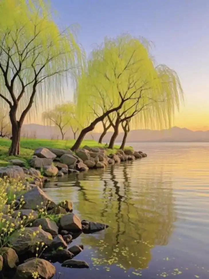 下联：傍水沐晨曦。

（图片来自网络）