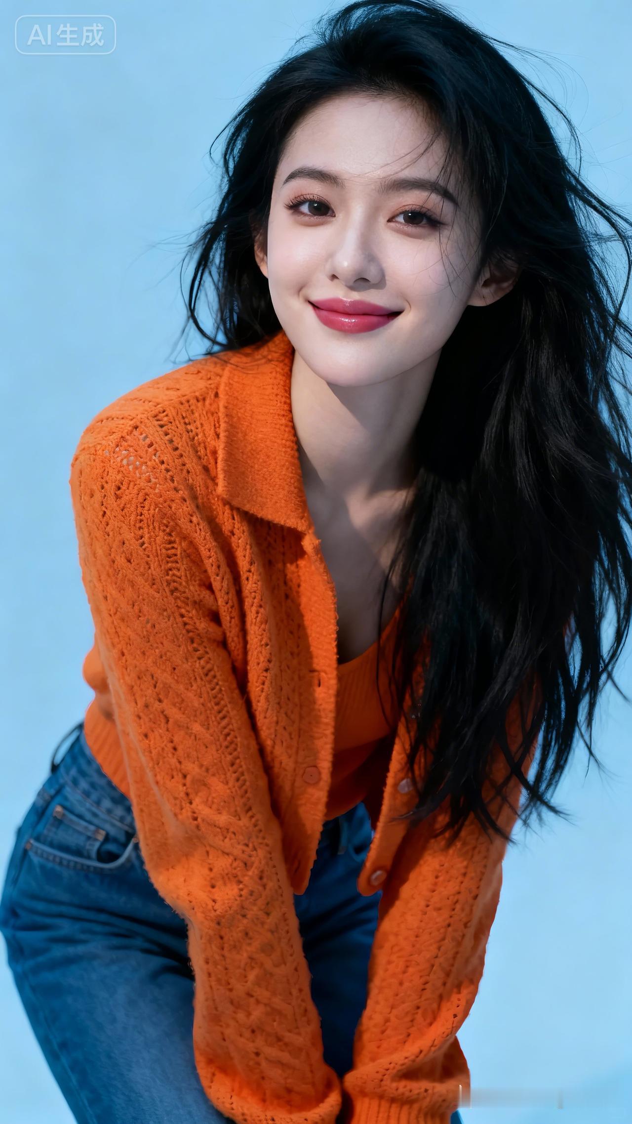 美女黑色长发，面容清秀，橙色针织外套搭蓝色牛仔裤，精致妆容，肤白貌美，高冷甜美，