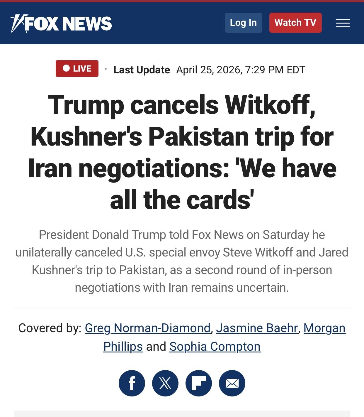 美媒：特朗普称，谈判取消后，伊朗做出了“很多让步，但还不够”

美国福克斯新闻(