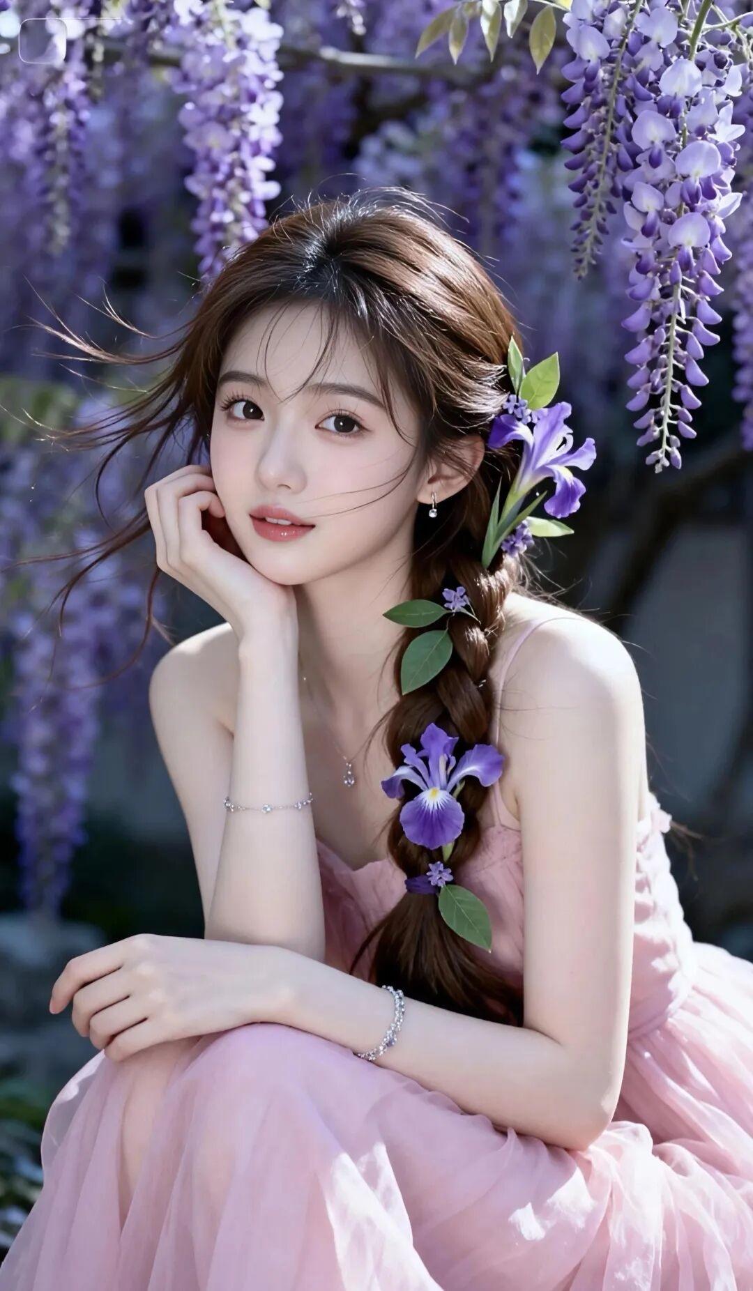 整体氛围与颜值
这是一组极致唯美的春日紫藤花系人像写真。画面中心是一位颜值极高的