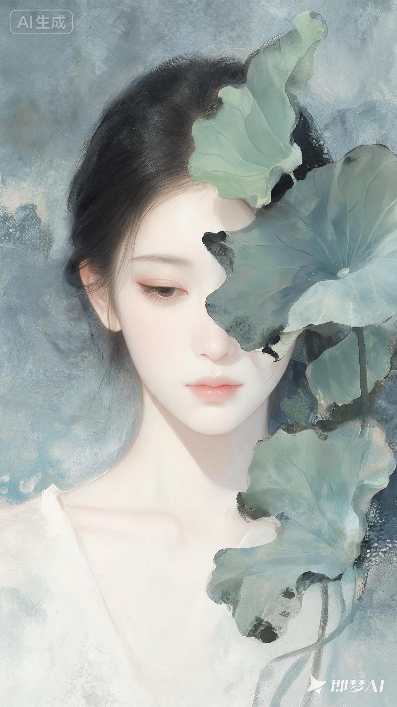 梦幻水墨少女，半遮面纱，唯美意境