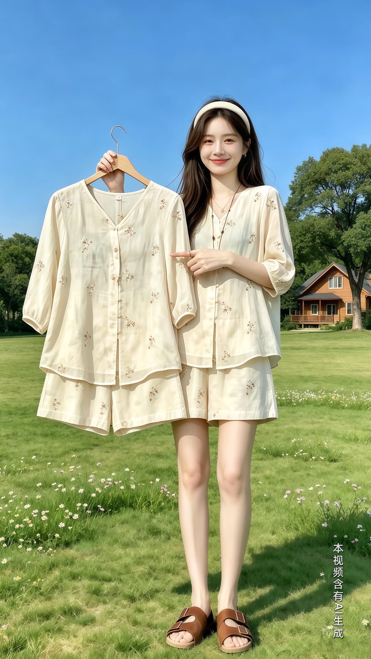 被这套奶杏刺绣套装拿捏住温柔氛围感了✨。自带柔光滤镜的米杏底色，细碎小...