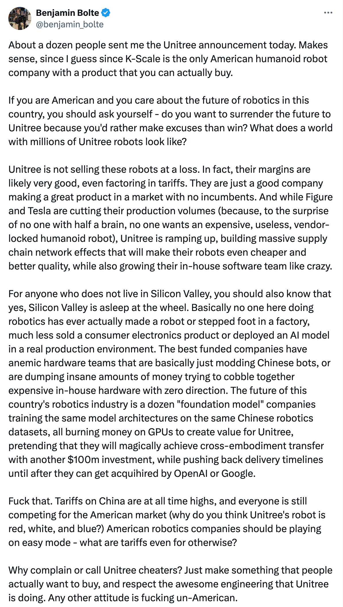 发一个前特斯拉 Optimus 工程师、美国机器人创业公司 K-scale La