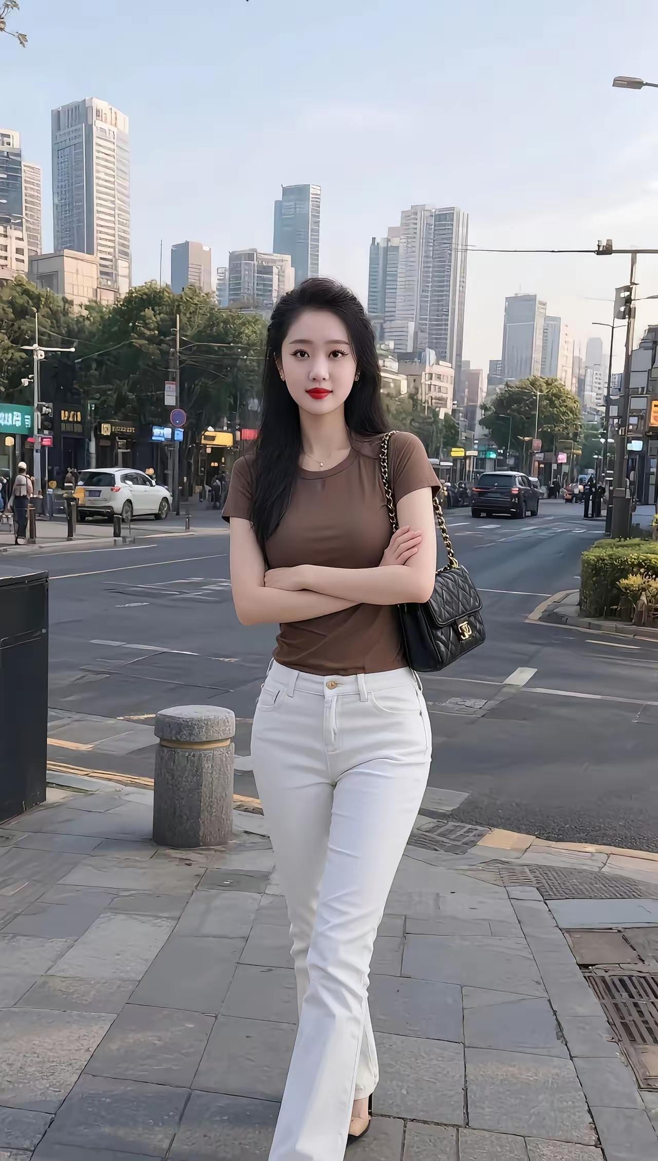 都市时尚女孩，自信地站在繁华街头，享受都市生活的每一刻。