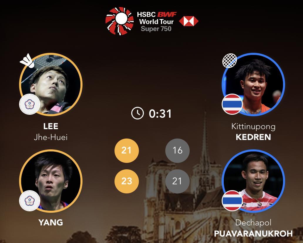 李哲辉/杨博轩 21-16、23-21 🇹🇭吉丁努蓬/德差波2025年法国羽