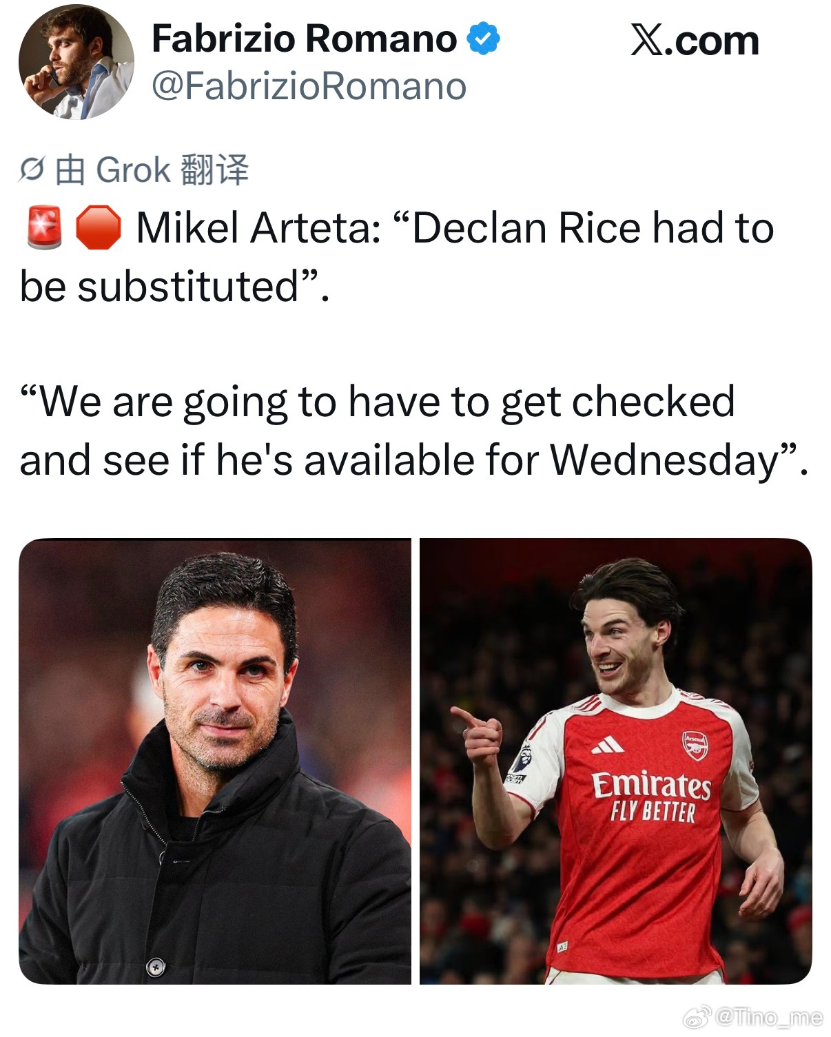 “赖斯自己要求下场，我们还需要做检查，看他周中能否出战。”（感觉应该就是纯跑不动