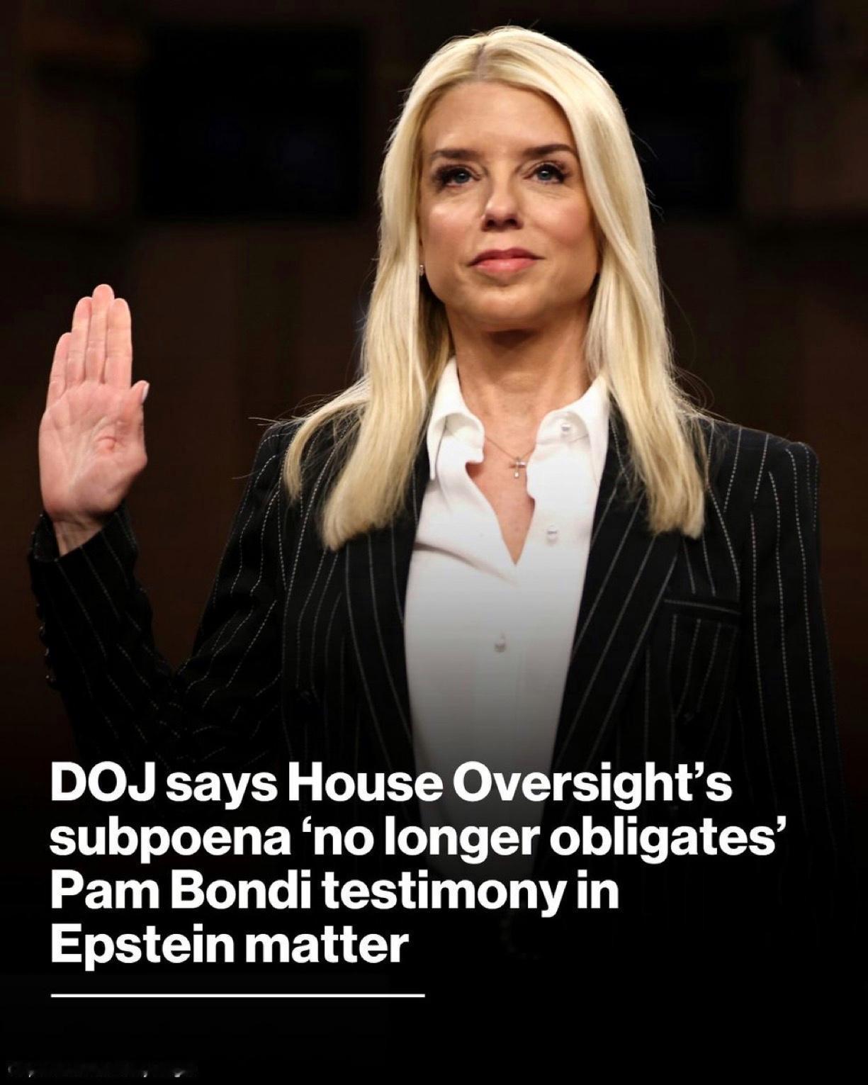 美国前司法部长帕姆·邦迪预计不会在下周接受闭门证词陈述。司法部已通知众议院监督委