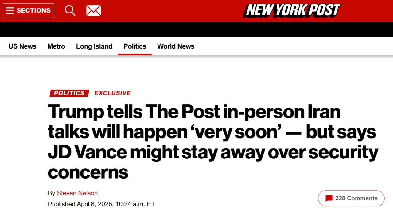 据《纽约邮报》，特朗普亲口确认，美伊面对面谈判“很快”就会举行，地点定在巴基斯坦