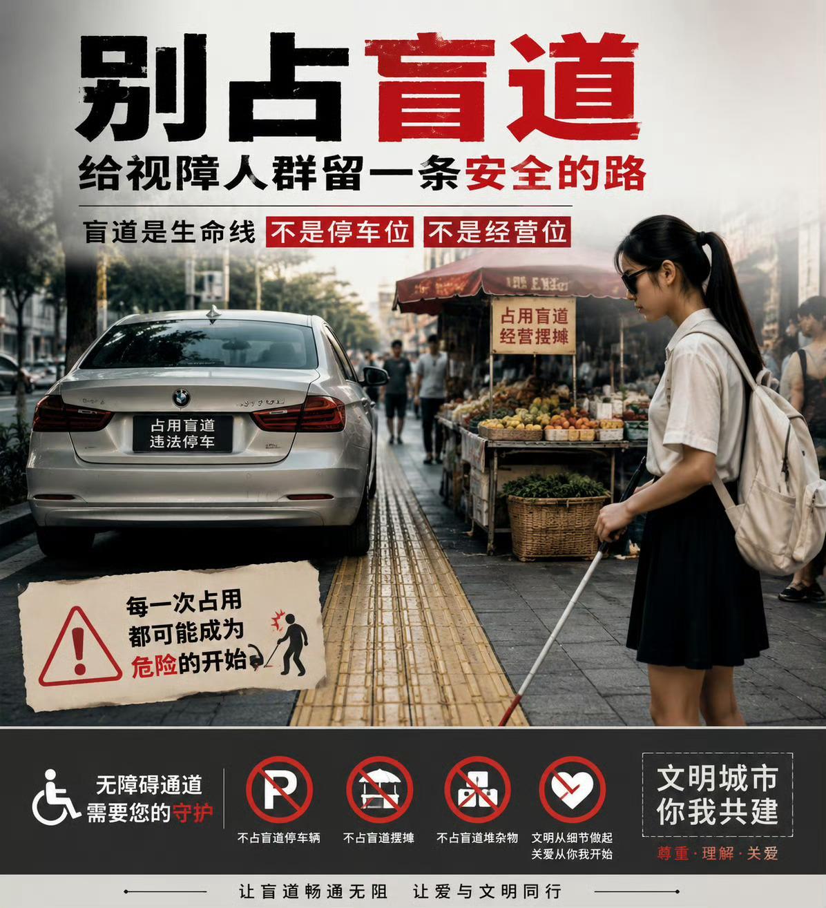 交警回应女孩盲道被撞反被骂盲道本是守护视障群体安全出行的专属通道，却屡屡被占用、