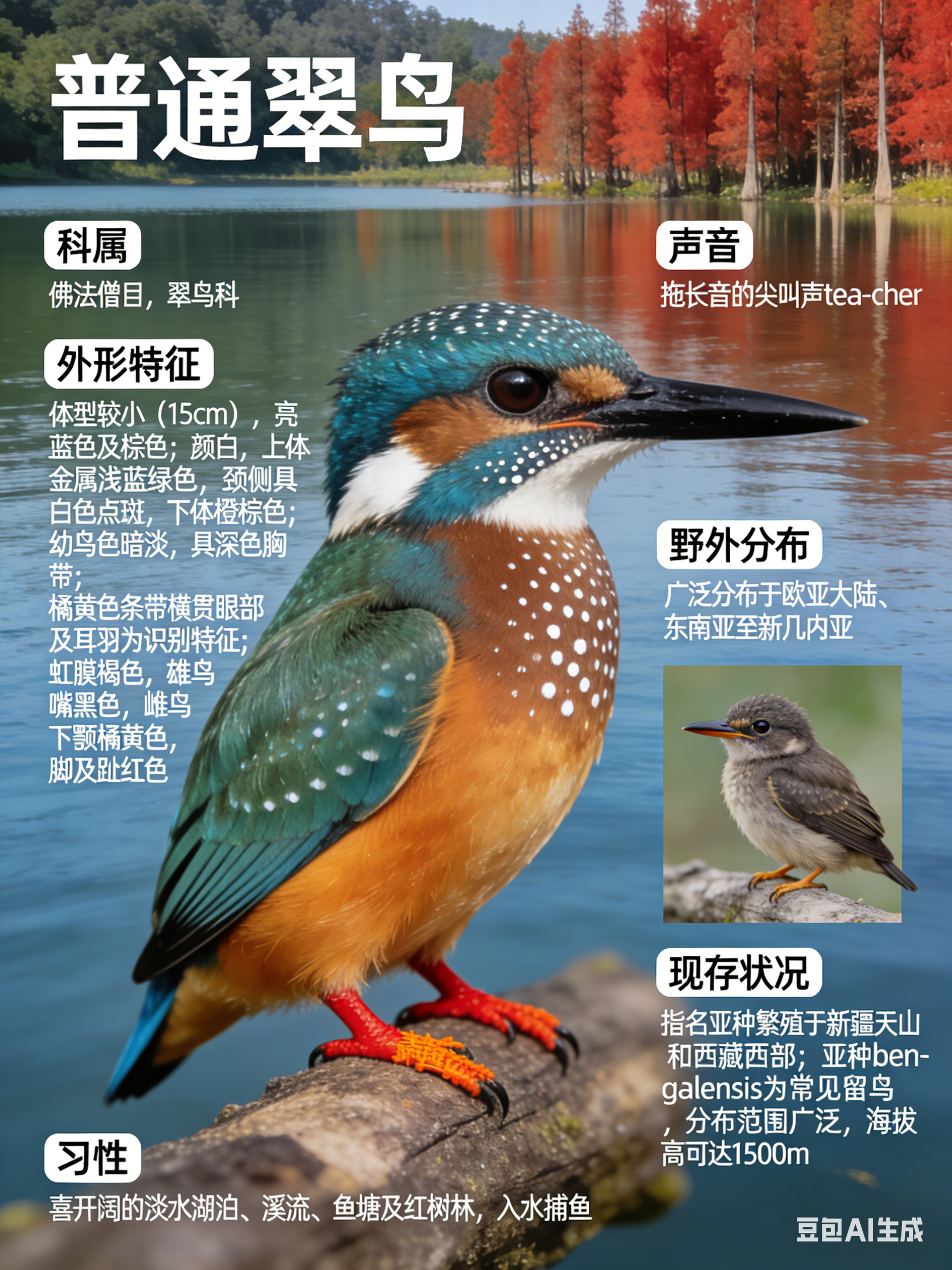 鸟类朋友图鉴 普通翠鸟·科属：佛法僧目，翠鸟科。·外形特征：体型较小（15cm）