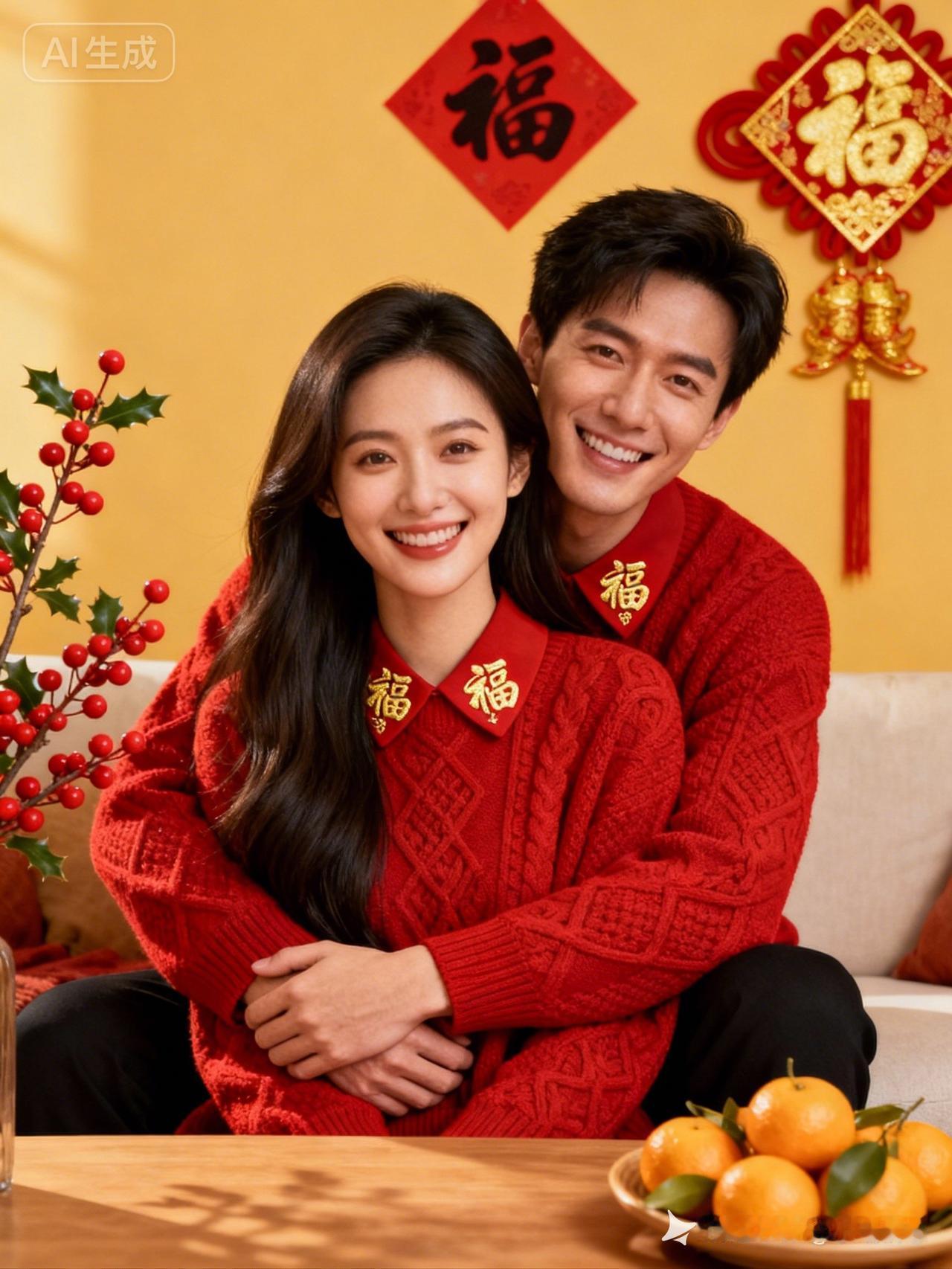 一对情侣穿红色毛衣，笑容灿烂。