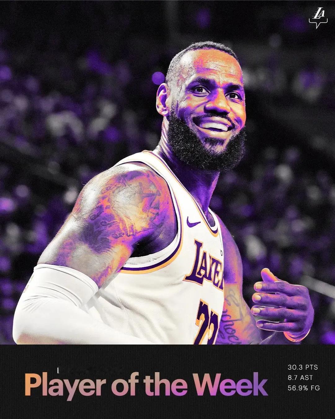 今日NBA公布多个奖项与实力排行榜，詹姆斯再获周最佳殊荣！
1.周最佳球员。洛杉