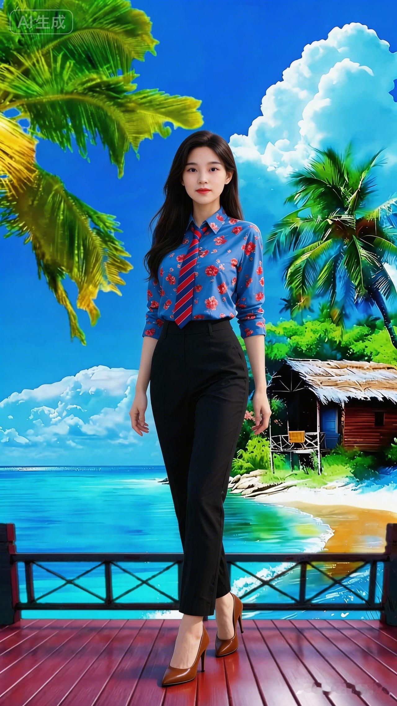 度假风穿搭，沙滩背景美如画。