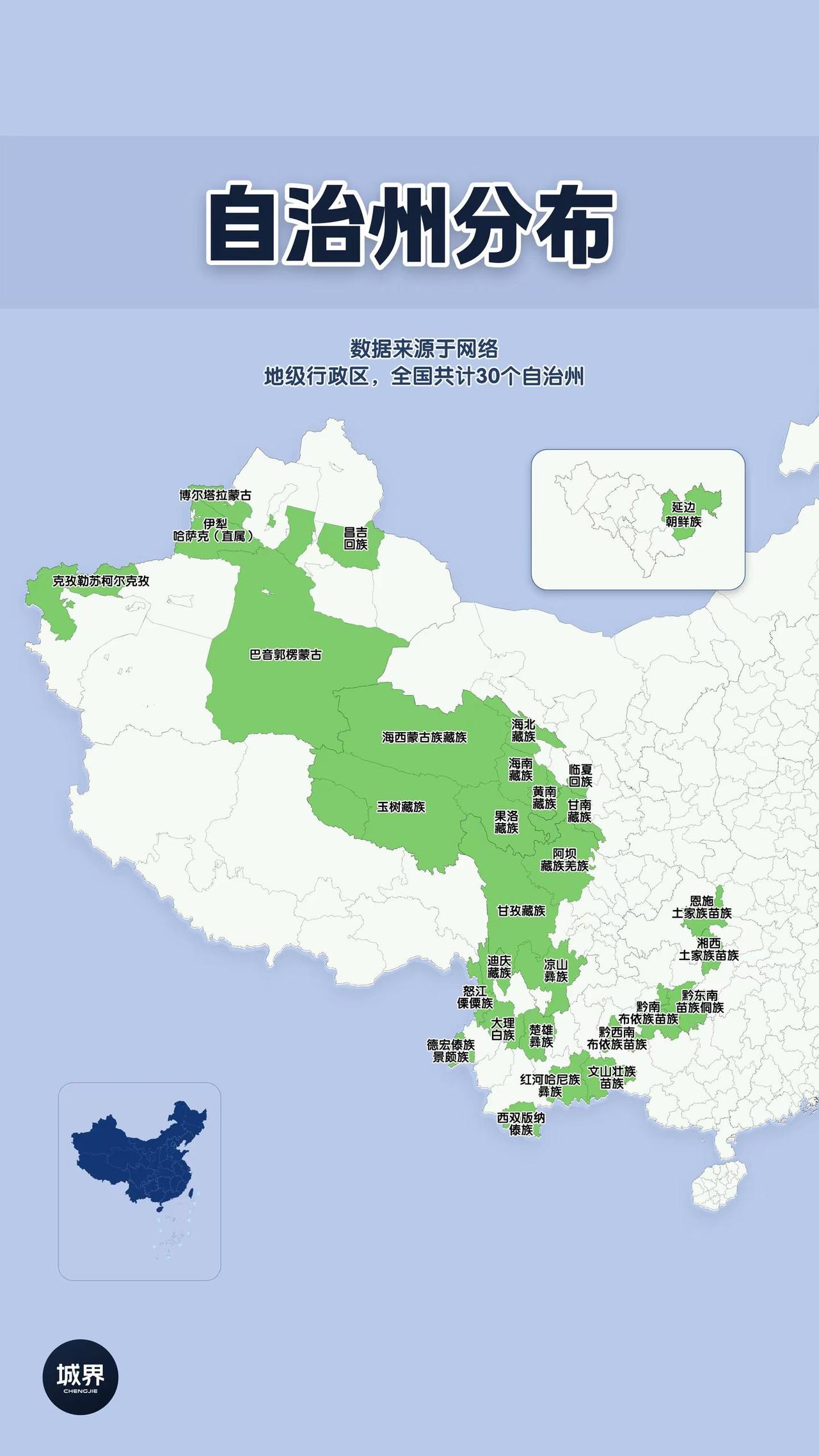 全国 30 个自治州分布，大多集中西部。全国共计 30 个地级自治州。 从地图能